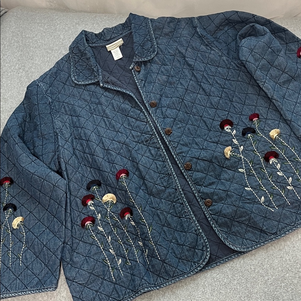 Vintage Quilted Chambray Jacket Womens 2X Boho Grandma Cottagecore Embroidered